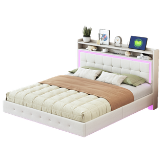 Lit Double 160x200 Cm - Lit Rembourré Adulte Avec LED Intégrée Et Port USB, Pieds Cachés Lin Beige