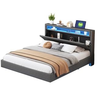 Lit Double 160×200 Cm Rembourré Adulte/ado Avec LED Et Port USB, Tête De Lit Réversible, Lin Gris