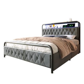 Lit Avec Rangement 160x200 Cm - Lit Double Capitonné Avec 4 Tiroirs, Ports USB Et LED, Velours Gris