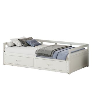 Lit Gigogne 90/180x190 Cm Bois Avec Tiroirs Et Sommier à Lattes, Multifonction, Blanc