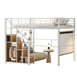 Lit Mezzanine Enfant 140x200 Cm - Échelle De Sécurité Et Rangement Intégré, Métal Blanc