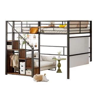 Lit Mezzanine Enfant 140x200 Cm - Échelle De Sécurité Et Rangement Intégré, Métal Robuste, Noir