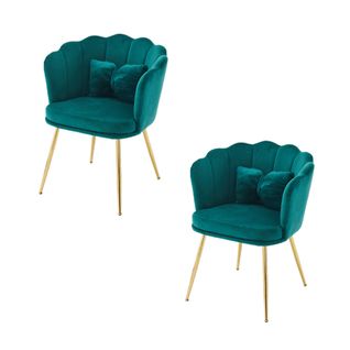 Chaises Lot De 2 Velours Moderne Capitonnée Avec Dossier Pétale Et Coussin, Pieds Métal Doré, Vert