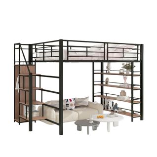 Lit Mezzanine Double 140x200 Cm - Escalier De Sécurité, Placard De Rangement, Métal Et Mdf - Noir