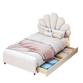 Lit Avec Rangement 90x200, Lit Simple Enfant Capitonné, Rangement, Sommier, Velours/bois, Beige