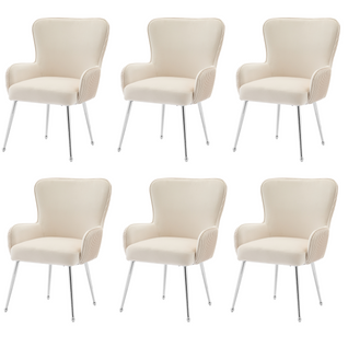 Chaises Lot De 6 Moderne, Accoudoirs, Soutien Lombaire, Velours, Pieds Métal Argentés, Beige