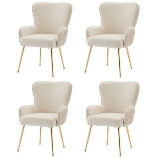 Chaises Lot De 4 Moderne Avec Accoudoirs, Soutien Lombaire, Velours, Pieds Métal Dorés, Beige
