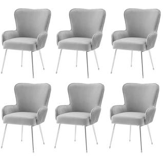 Chaises Lot De 6 Moderne, Accoudoirs, Soutien Lombaire, Velours, Pieds Métal Argentés, Gris