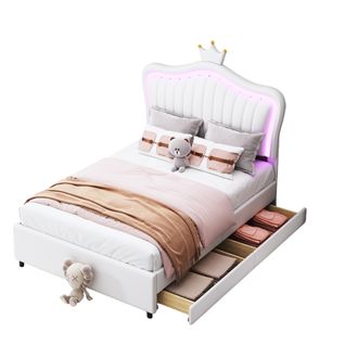 Lit Enfant 90x200 Cm Simple Capitonné, 2 Tiroirs, Couronne Blanche, LED, Sommier à Lattes, Blanc