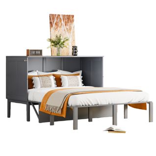 Lit Escamotable Ado- Lit Mural Pliable 140x200 Cm Vertical, Sommier à Lattes, Bois Et Métal, Gris