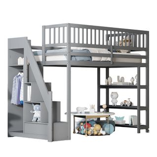 Lit Mezzanine 90x200 Cm, Rangement, Escalier Sécurité, Placard et Étagères, Bois Massif et Mdf, Gris