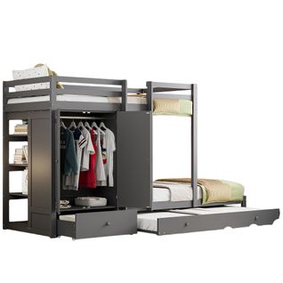 Lit Superposé 90x200 Cm - Lit Enfant Avec Lit Gigogne, Tiroirs Et Escalier, Penderie Intégrée, Gris
