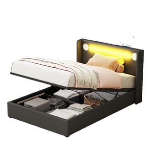 Lit Coffre 90x200 Cm - Lit Enfant Rembourré, LED, Lecteur Bluetooth Et Port USB, Rangement Noir