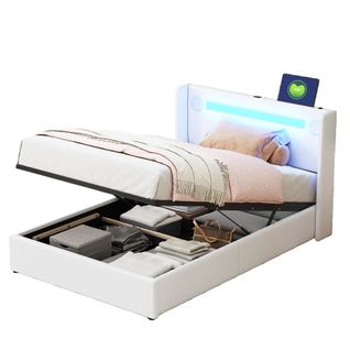 Lit Coffre 90x200 Cm - Lit Enfant Rembourré, LED, Lecteur Bluetooth Et Port USB, Rangement Blanc