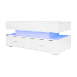 Table Basse Relevable Hydraulique, LED, Tiroirs, Contrôle Bluetooth, Panneaux De Particules, Blanc