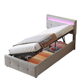 Lit Coffre 90x200 Cm - Lit Hydraulique, Rangement Pratique Et Tête De Lit Réglable, Velours Gris