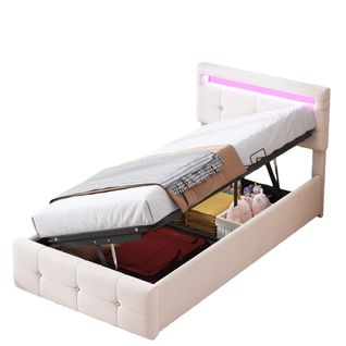 Lit Coffre 90x200 Cm - Lit Hydraulique Avec Rangement, Tête De Lit Réglable, Velours Beige