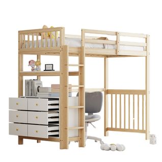 Lit Mezzanine 90x200 Cm - Lit Simple Avec Bureau Intégré Et 6 Tiroirs, Pin Et Mdf, Naturel