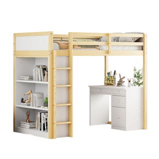 Lit Mezzanine 90x200 Cm - Lit Enfant Avec Bureau Et Rangement, Lit Combiné Bois Naturel Et Blanc