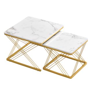2 Tables Basses Carrées Gigognes Avec Effet Marbre Et Pieds Ajustables, Mdf Blanc Et Doré