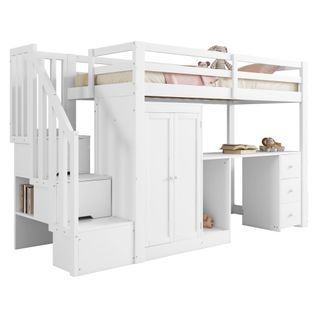 Lit Mezzanine 90x200 Cm - Lit Simple Avec Bureau Et Tiroirs - Pin Et Mdf - Blanc