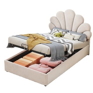 Lit Coffre Simple 90x200, Tête De Lit Fleur Réglable, Rangement Hydraulique, Velours/métal, Beige