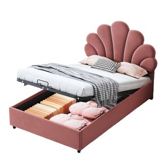 Lit Coffre Simple 90x200, Tête De Lit Fleur Réglable, Rangement Hydraulique, Velours/métal, Rose