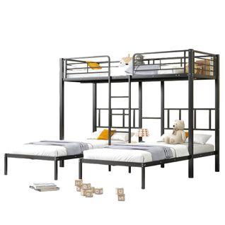 Lit Superposé 90x200 Cm - Lit Triple Avec Barrière De Protection - Métal - Noir