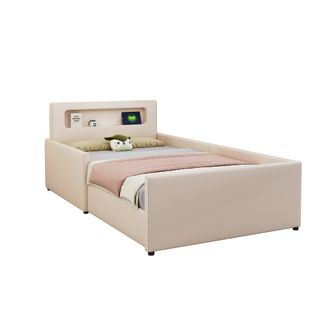 Lit 90x200 Cm Enfant Capitonné Avec Veilleuse, USB, Simili + Métal + Contreplaqué + Mdf Beige