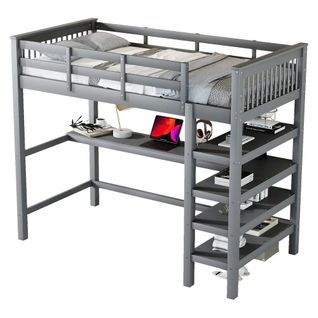 Lit Mezzanine 90 X 200 Cm - Lit Enfant Avec Bureau Et Rangements - Pin + Mdf - Gris