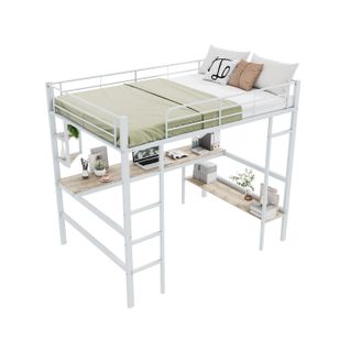 Lit Mezzanine 140x200 Cm - Lit Avec Bureau Et Étagères - Métal + Mdf - Blanc