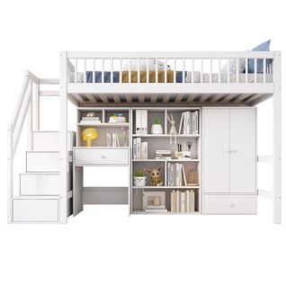 Lit Mezzanine Enfant 90x200 Cm - Lit Avec Bureau, Escaliers Et Rangement - Bois - Blanc