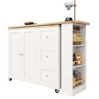 Meuble Bar Pivotant Extensible Avec 3 Tiroirs Et Support à Snacks, Table Haute Moderne, Mdf, Blanc