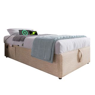 Lit Coffre Simple 90x200 Cm Avec Rangement Intégré Et Port USB-c, Cadre Bois Et Lin Beige