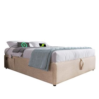 Lit Coffre Double 160x200 Cm Avec Rangement Intégré Et Port USB-c, Cadre Bois Et Lin Beige