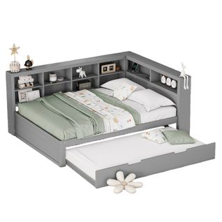 Lit Gigogne 140x200 Cm Avec Lit Tiroir 90x190 Cm, Bois, Rangement, Prise USB,  Multifonction, Gris