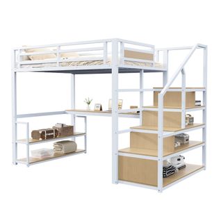 Lit Mezzanine 140x200 Cm Avec Bureau Et Rangement, Métal+mdf, Blanc