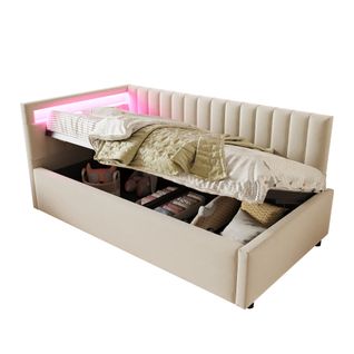 Lit Coffre 90x200 Cm - Lit Banquette, Tête Latérale Ajustable, Éclairage LED, Velours, Beige