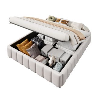 Lit Coffre 140x200 Cm - Lit Double Avec Coffre De Rangement Hydraulique - Lin + Mdf - Beige