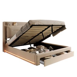 Lit Coffre 140x200 Cm – Lit Double Rembourré Avec Tiroirs Et LED, Velours, Beige