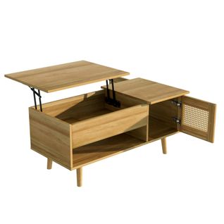 Table Basse Salon Multifonction, Plateau Relevable, Portes En Rotin, Tiroirs Et Rangement, Bois