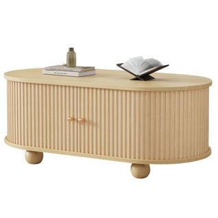 Table Basse Salon Moderne, Ovale, Polyvalente Avec Rangement, Mdf Finition Chêne.