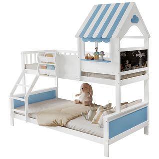 Lit Superposé 90x200 et 120x200 Cm Cabane Avec Toit, Rangement Intégré, Pin et Mdf, Blanc/bleu