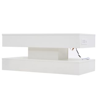 Table Basse Salon, Plateau Relevable, LED, Rangement Intégré, Panneau De Particules, Blanc.