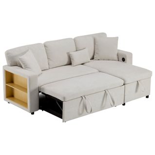 Canapé D’angle Convertible Avec Coffre De Rangement Et Étagère Intégrée - Tissu Oxford, Blanc