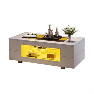 Table Basse Moderne, LED Et Appli Bluetooth, Double Niveau, Plateau Creux Mdf Et Verre Trempé, Blanc