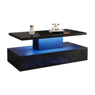 Table Basse Avec LED 16 Couleurs, Étagère Ouverte et Tiroir, Mdf Noir
