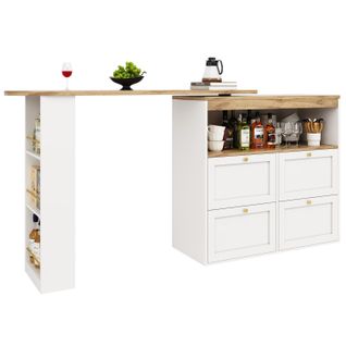 Table Bar Moderne Pivotante 360° - Meuble Bar Avec 4 Tiroirs, Étagères Ouvertes, Mdf Blanc