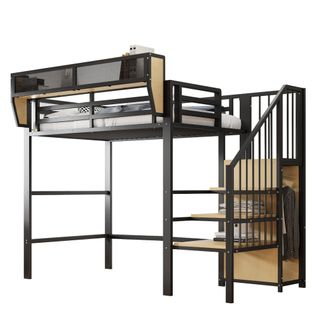 Lit Mezzanine Métal 90x200 Cm Enfant/adolescent - Échelle De Sécurité Avec Rangement Intégré, Noir