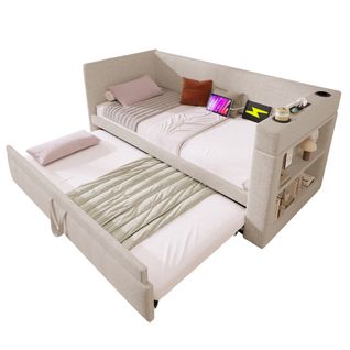 Lit Gigogne 90x190 Cm - Lit Enfant Avec Ports USB Et Type-c, Porte-gobelet, Tissu Lin, Beige